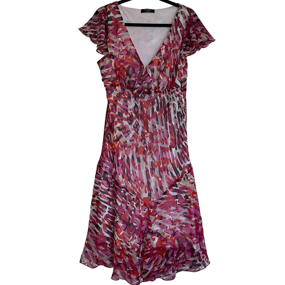 Moda George Womens Sz M A Line Midi Dress Pink Short Sleeve Chiffon